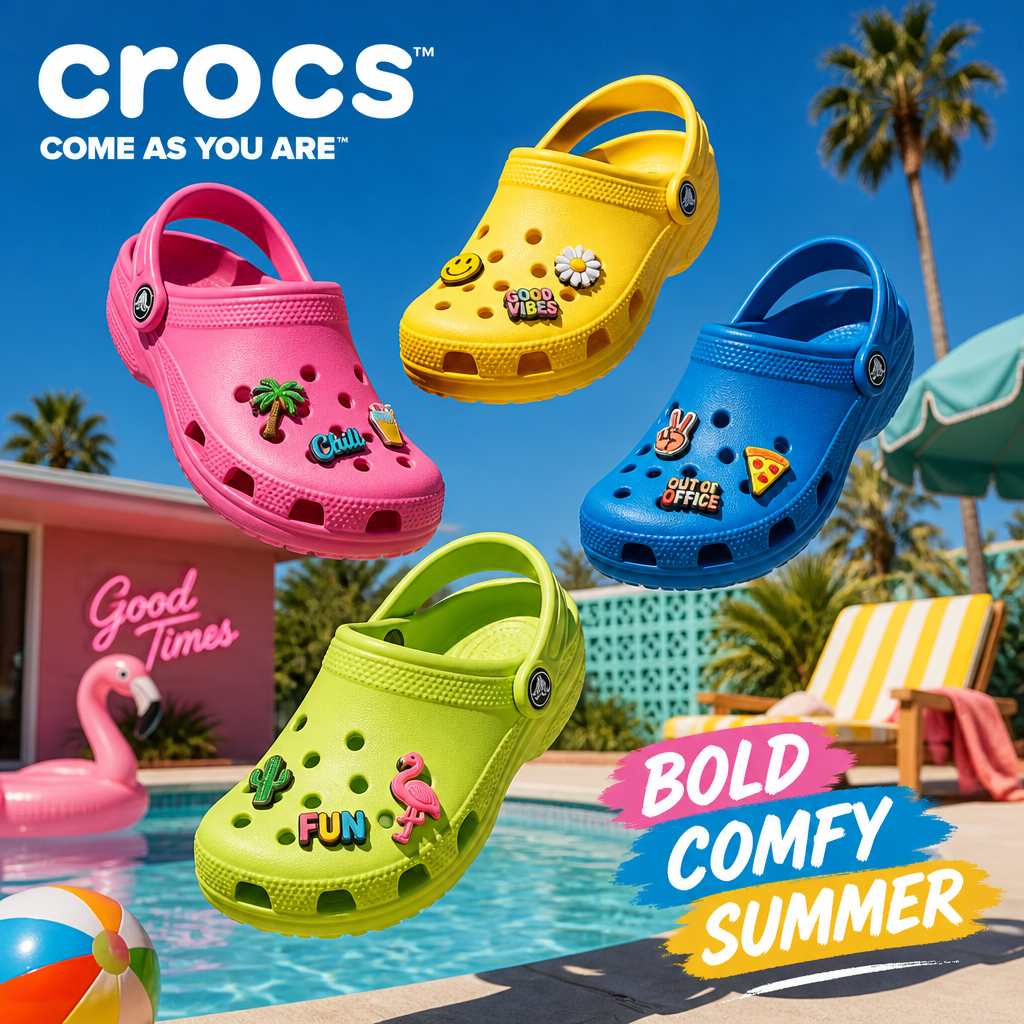 Crocs summer campaign showing colorful clogs floating above a poolside scene.