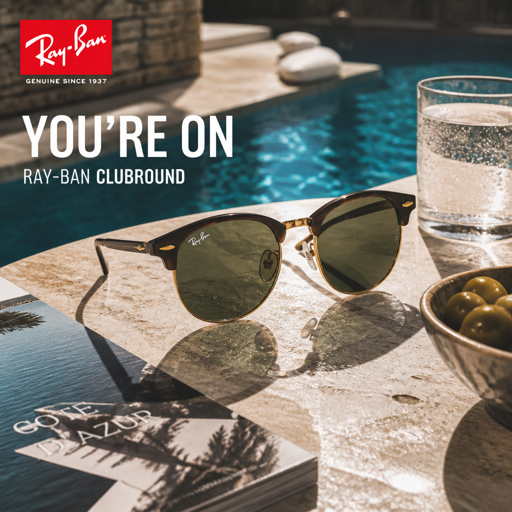 Ray-Ban lifestyle ad with sunglasses styled beside a sunlit pool.