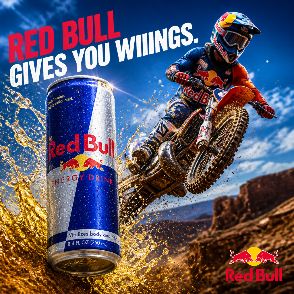 Red Bull action sports ad with a motocross rider launching through a desert scene.